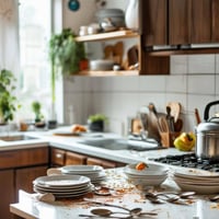 cooking in modern and nice kitchen with dirty dishes and spoons