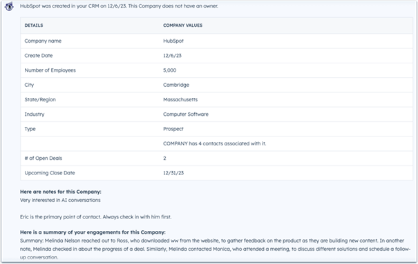 AI-samenvatting van een CRM-record in HubSpot