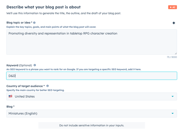 Beschrijf je blog in de AI-aangedreven blogtool van HubSpot