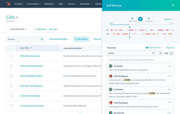 Conversation Intelligence trancripties in HubSpot