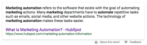 Featured snippet van Hubspot over marketing automation