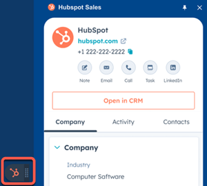 Informatie in de zijbalk van HubSpot Sales Chrome-extensie