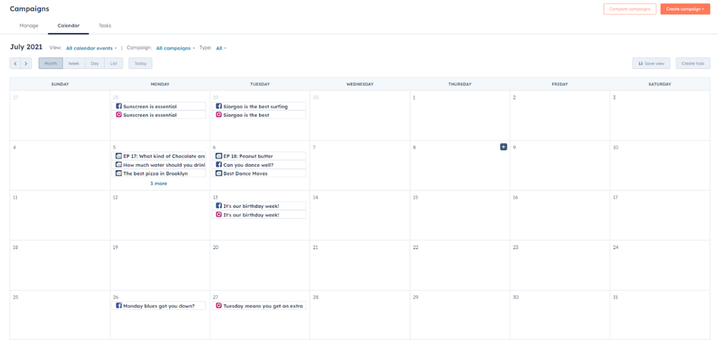 Marketing kalender in HubSpot