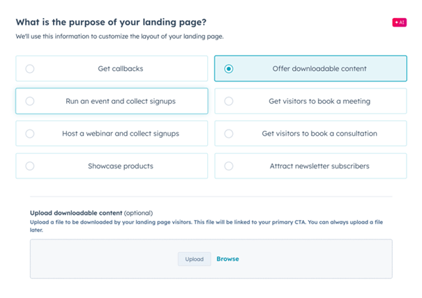 Selecteer het doel van je landingspagina in de landingspaginatool van HubSpot