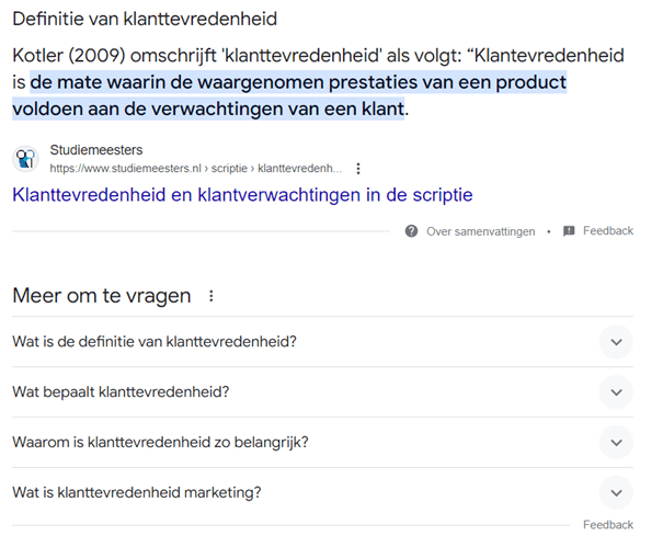 Voorbeeld van een featured snippet met een rich answer