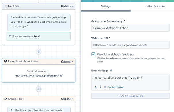 Voorbeeld workflow met webhook in HubSpot